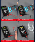 Rechargeable Digital Multimeter With Auto And Manual Range In Smart Auto Mode test display for voltage, current, and temperature readings