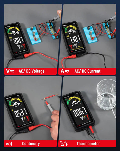 Rechargeable Digital Multimeter With Auto And Manual Range In Smart Auto Mode test display for voltage, current, and temperature readings