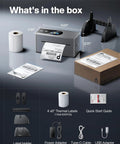 What's in the box for Slick Bluetooth Thermal Label Printer With Intuitive Touchscreen For Quick 4x6 Shipping Labels And Smooth Inventory Workflow Compact Desktop Heavy Hitter Handles Barcodes Daily No Sweat Setup, showing printer, labels, and accessories.