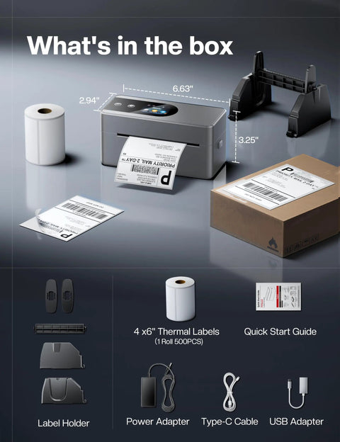 What's in the box for Slick Bluetooth Thermal Label Printer With Intuitive Touchscreen For Quick 4x6 Shipping Labels And Smooth Inventory Workflow Compact Desktop Heavy Hitter Handles Barcodes Daily No Sweat Setup, showing printer, labels, and accessories.