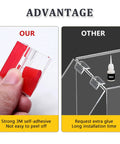 Sixteen Pack Clear Acrylic Self Adhesive Hinges 35X25 Millimeter comparison showing strong adhesive and no glue required.