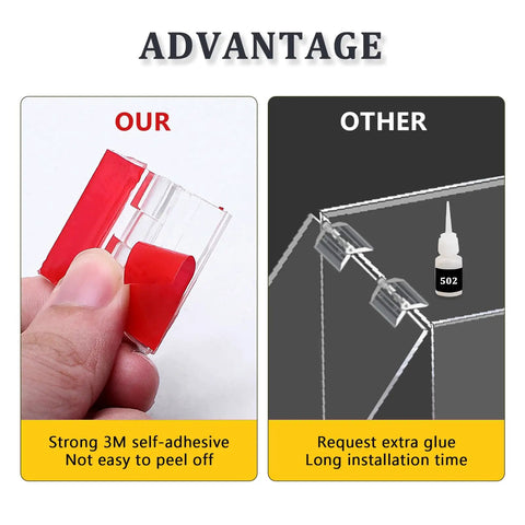 Sixteen Pack Clear Acrylic Self Adhesive Hinges 35X25 Millimeter comparison showing strong adhesive and no glue required.