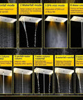 Heavy Duty 15 By 28 Inch Led Ceiling Rain Shower Head With Handheld Spray Antique Brass Finish modes display overview.