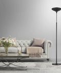 LED Floor Lamp Torchiere in living room with touch dimming and memory, matte white finish next to modern sofa, Energy Star certified