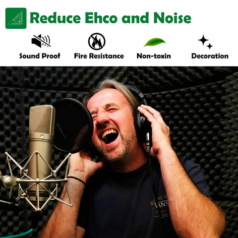 Man singing in studio with Six Pack 1.5x12x12 Inch Egg Crate Acoustic Foam Panels For Wall Treatment And Door Insulation.