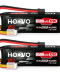Two-pack of 4S LiPo Battery 6500mAh 120C RC Battery Pack With TR Plug for Maxx X Maxx RC vehicles, featuring soft case and high drain power.