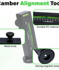 Pro Grade Universal Wheel Alignment Tool With Strong Magnetic Mount And Hella Accurate Negative 5 To 5 Degree Camber Adjustments For Smooth Ride Tuning And Quick Garage Fixes In Black on a white background, showing metal knob and durable PC material.