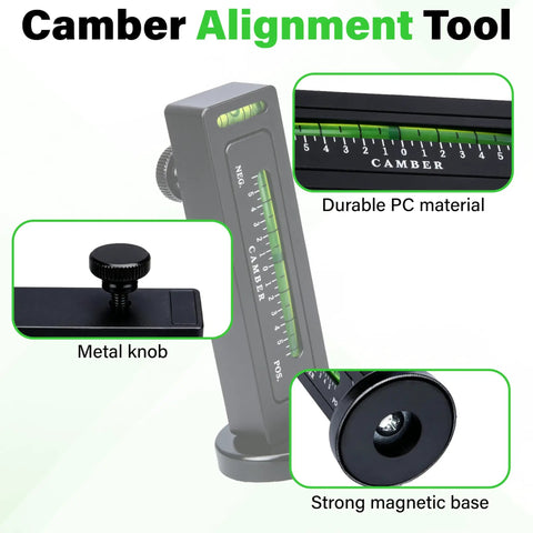 Pro Grade Universal Wheel Alignment Tool With Strong Magnetic Mount And Hella Accurate Negative 5 To 5 Degree Camber Adjustments For Smooth Ride Tuning And Quick Garage Fixes In Black on a white background, showing metal knob and durable PC material.