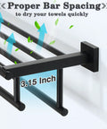Matte Black Double Towel Rack For Bathroom Wall Mounted 24 Inch Stainless Steel Towel Bar Organizer With Shelf SUS304 Rust Resistant Dual Rail Holder For Towels Modern And Durable showing bar spacing and length