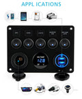 5 Gang 12V Marine Rocker Switch Panel With Waterproof Build, USB Touch Switch And Dual QC3 USB Ports For Boats, Power Saver Toggle, Blue LED Indicator with voltmeter
