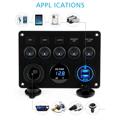 5 Gang 12V Marine Rocker Switch Panel With Waterproof Build, USB Touch Switch And Dual QC3 USB Ports For Boats, Power Saver Toggle, Blue LED Indicator with voltmeter