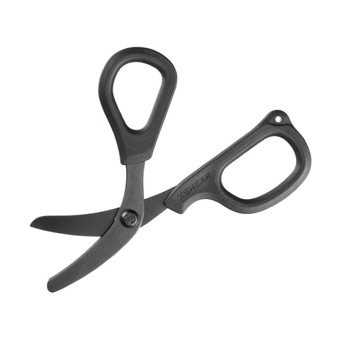 6 Inch Trauma And Nurse's Shear For EMTs And Wound Care All Black Razor Sharp Workhorse 420J2 Stainless With Titanium Coating Blunt Tip For Skin Safety Heavy Duty Rivet Lanyard Attachment Go To Compact Medical Scissors, angled view