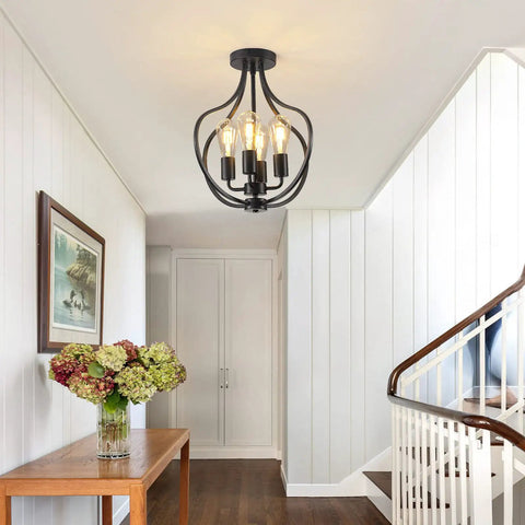 Hallway with Go-To Four Light Farmhouse Semi Flush Ceiling Light In Black, Modern Industrial Flush Mount Chandelier