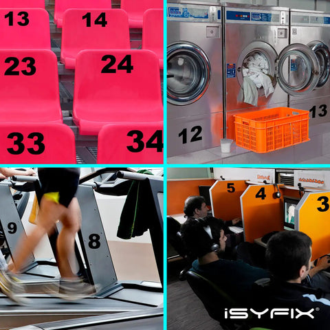 Collage of numbered chairs, washing machines, treadmill, and internet cafe booths in various settings.