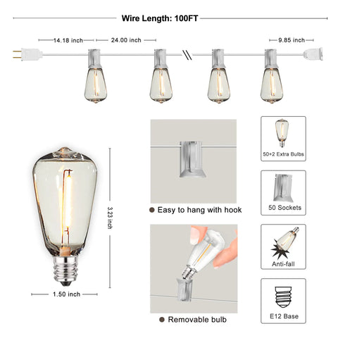 Warm 2200K Outdoor LED String Lights 100Ft with 52 Shatterproof Edison Bulbs, diagram showing dimensions and features
