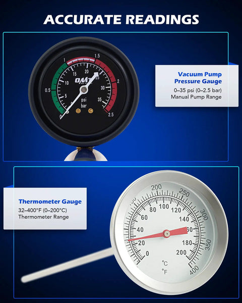No Sweat 19 Piece Coolant Pressure Tester Kit For Quick Radiator Leak Detection With 15 Universal Vehicle Adapter Fittings Manual Vacuum Pump And Temperature Gauge Tool showing vacuum pressure gauge and thermometer.