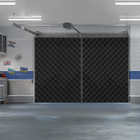 Heavy Duty Magnetic Screen Door For Two Car Garage With Upgraded PET Mesh Four Roll Up Straps Fits 196 By 98 Inches Perfect For Patio Vibes And Outdoor Living installed in garage view