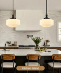 puncoll 13.8‘’ Vintage Milk Glass Pendant Light Kitchen Island illuminating a modern kitchen with ribbed shades.