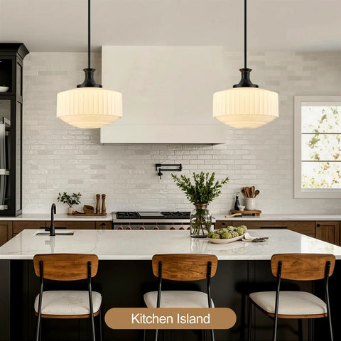 puncoll 13.8‘’ Vintage Milk Glass Pendant Light Kitchen Island illuminating a modern kitchen with ribbed shades.