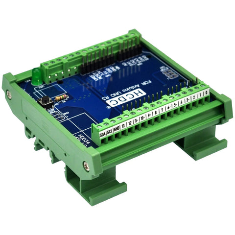 Din Rail Mount Pinout Breakout Terminal Block Module For UNO R3 Builds With 3.81mm Pitch Screw Terminal 26-16AWG Wire Range 5mm Strip M2 Slotted Screw For Easy Industrial Control Wiring on blue PCB