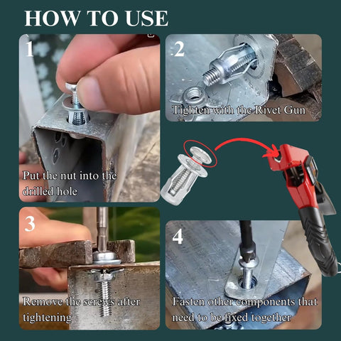 Installation steps for Jack Nut Kit With Heavy Duty Rivet Gun For Permanent Threaded Anchors In Hollow Doors, Thin Metal Sheets And Panels.