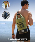 Man wearing green Waterproof Dry Bag With Phone Pouch And Floating Roll Top Backpack 10L on beach, shown in different styles: handbag and backpack.