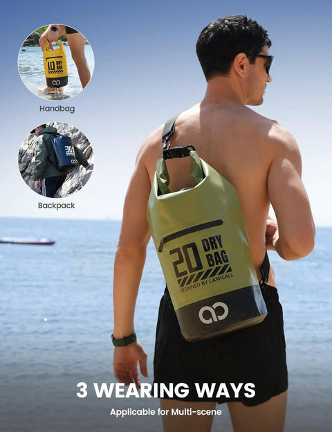 Man wearing green Waterproof Dry Bag With Phone Pouch And Floating Roll Top Backpack 10L on beach, shown in different styles: handbag and backpack.