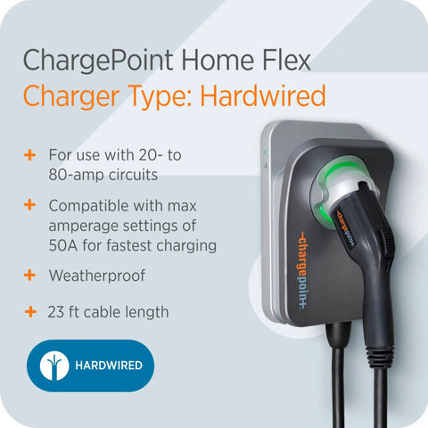 ChargePoint Home Flex Level 2 Home EV Charger J1772 Fast Smart Battery Power For Electric Cars With Hardwired Setup