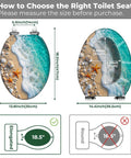 Image showing size comparison for Elongated Resin Toilet Seat with Cover, featuring beach design and measurement details.