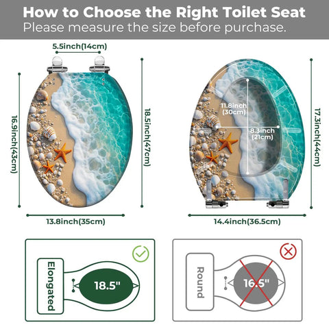 Image showing size comparison for Elongated Resin Toilet Seat with Cover, featuring beach design and measurement details.