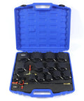 Front view of blue hard-shell case opened to reveal 19-piece Wzyblixo turbo leakage tester kit with black adapters.