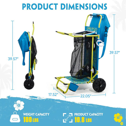 Side and front view of Two In One Beach Cart With Big Wheels For Sand Folding Utility Wagon With Chair Holder Cooler Bag Mesh Storage.