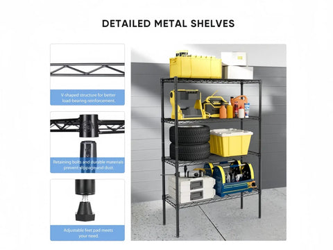 Professional Grade Badass Workhorse Four Tier Metal Wire Shelving Rack With All Weather Armor Coating displaying tools and storage bins.