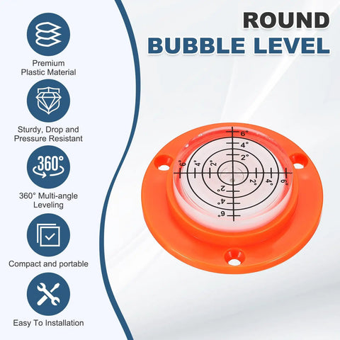 Nexarelle 6pcs Round Bubble Level D:48.9mm, H:12mm Orange/White, showing 360° multi-angle leveling with clear measurements.