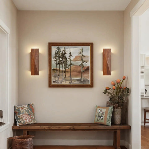 Feasey Set of 2 Walnut Wood Wall Sconce, Vintage Wall Mounted Light Fixture in a hallway setting with art and decor.
