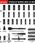 Seventy Piece Three Eighth Inch Drive Heavy Duty Impact Socket Set With Deep Sockets In SAE Five Sixteenths To Three Quarters And Metric Eight To Twenty Two Millimeter Includes Adapters Ratchet Handle Screwdriver Bit Set And Sliding T Bar Six Point product image with sockets and tools laid out.