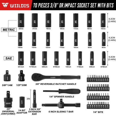 Seventy Piece Three Eighth Inch Drive Heavy Duty Impact Socket Set With Deep Sockets In SAE Five Sixteenths To Three Quarters And Metric Eight To Twenty Two Millimeter Includes Adapters Ratchet Handle Screwdriver Bit Set And Sliding T Bar Six Point product image with sockets and tools laid out.