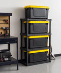 Top Shelf 21 Gallon Storage Totes 4 Pack Heavy Duty Lockable Bins With Airtight Weatherproof Gasket Seal stacked in garage.