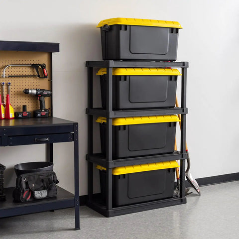 Top Shelf 21 Gallon Storage Totes 4 Pack Heavy Duty Lockable Bins With Airtight Weatherproof Gasket Seal stacked in garage.