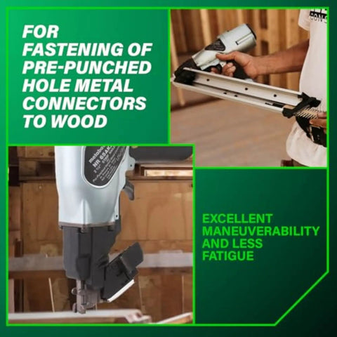 Side view of Strap-Tite Strip Nailer for Metal Connectors, lightweight 6.4 lb build, shown fastening to wood, NR65AK2 model.