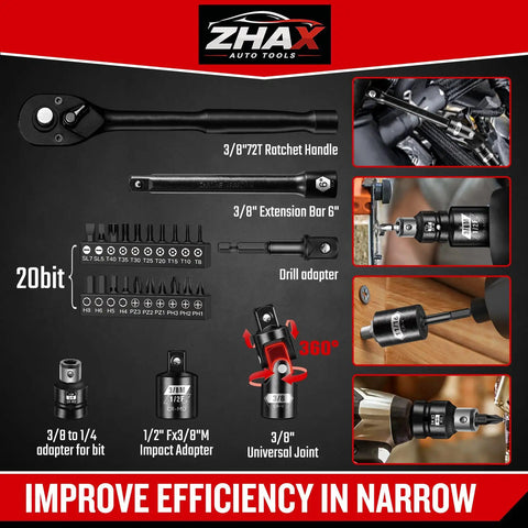 Super Heavy Duty 3/8 Inch Drive 6-Point Impact Socket Set Featuring A Sick Mix Of 44 Pieces Including Spark Plugs And Shallow Deep Cr-V Sockets For Metric Sae Bolts With Wrench Ratchet Kit Perfect For Your Garage Rig Work, ratchet handle and adapters