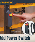 Powertec dual outlet power tool safety switch with hand pressing button, compatible with Rock Solid Heavy Duty Tool Stand Base.