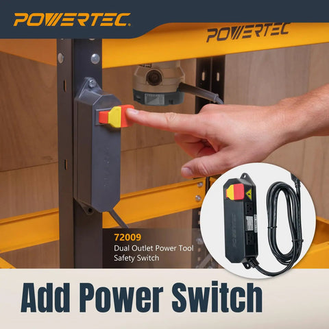 Powertec dual outlet power tool safety switch with hand pressing button, compatible with Rock Solid Heavy Duty Tool Stand Base.