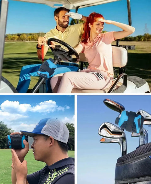 Dope Golf Rangefinder Magnetic Holder With Adjustable Strap For Golf Cart Railing shown on a cart and in use by golfers