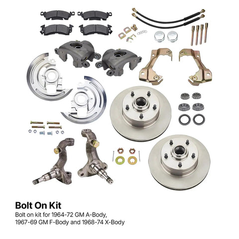 Complete Deluxe Front Spindle and Disc Brake Kit For 1964-1974 GM A F X Cars With 11 Inch Disc Brakes shown spread out