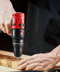 Person using 20V Brushless Cordless Drill And Impact Driver Combo Kit With 2 In 1 Interchangeable Heads on wooden board