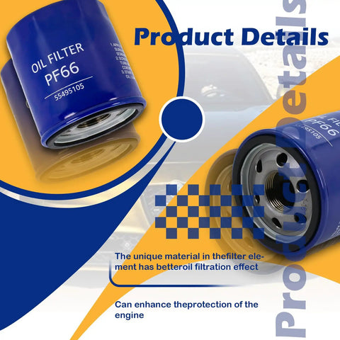 Engine Oil Filter Replaces OEM PF66 PF66F 12727115 55495105 for Chevy Silverado, showing product details and unique material
