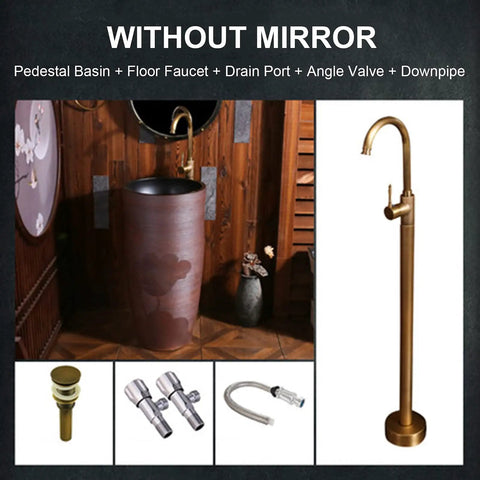Slick Heavy Duty Ceramic China Vessel Sink And Pedestal Basin Combo With Built In Faucet Niche Pre Drained Port For Indoor Outdoor Bathroom Refresh No Mirror Needed Super Easy Install Real Deal, showing pedestal basin and floor faucet.