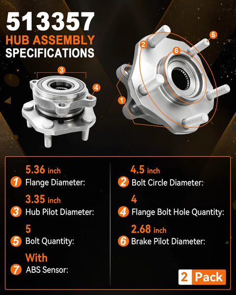 Front Wheel Bearing Hub Assembly 513357 2 Pack For Nissan Rogue 2014 to 2023 Qashqai 2017 to 2018 Rogue Sport specifications