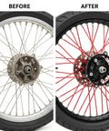 Before and after wheels with 72 Piece Red Spoke Covers For Bikes And Wheelchairs on dirt bike rim, enhancing appearance.